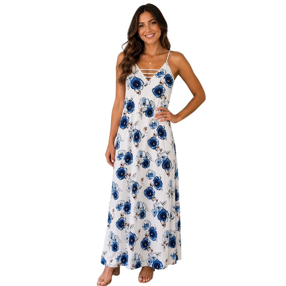 Blue Blossom Breeze Maxi Dress Women‎ Small Spaghetti Strap Cage Neck